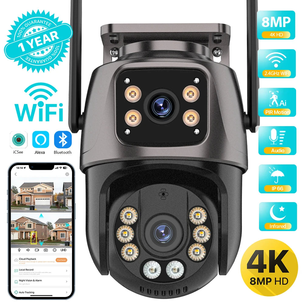 Cámara de vigilancia exterior PTZ WiFi 4K: 8 MP, IA, audio y video, iCSee