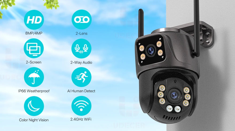 Caméra de Surveillance Extérieure PTZ 4K WiFi - 8MP, AI, Audio & Vidéo, iCSee